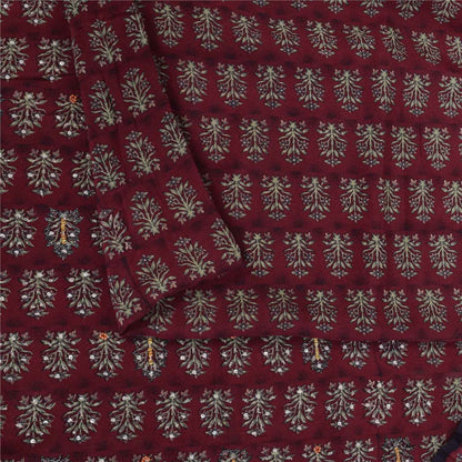 Sanskriti Vintage Sarees Red Embroidered Pure Crepe Print Sari 5+yd Craft Fabric