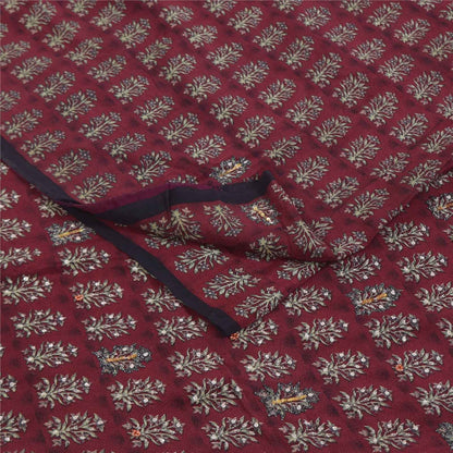 Sanskriti Vintage Sarees Red Embroidered Pure Crepe Print Sari 5+yd Craft Fabric