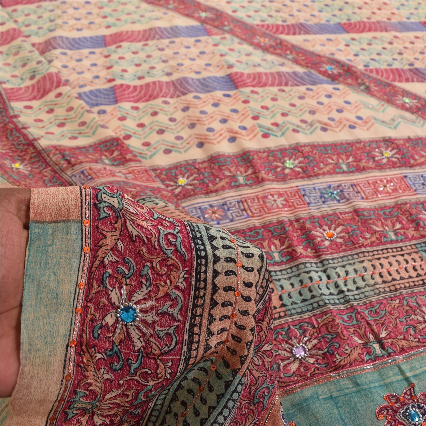 Sanskriti Vintage Sarees Peach 100% Pure Crepe Silk Print Sari 5+yd Craft Sustainable Fabric