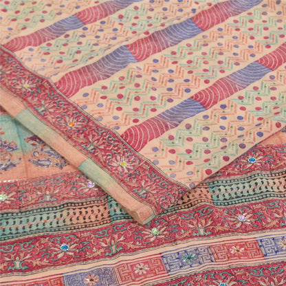 Sanskriti Vintage Sarees Peach 100% Pure Crepe Silk Print Sari 5+yd Craft Sustainable Fabric