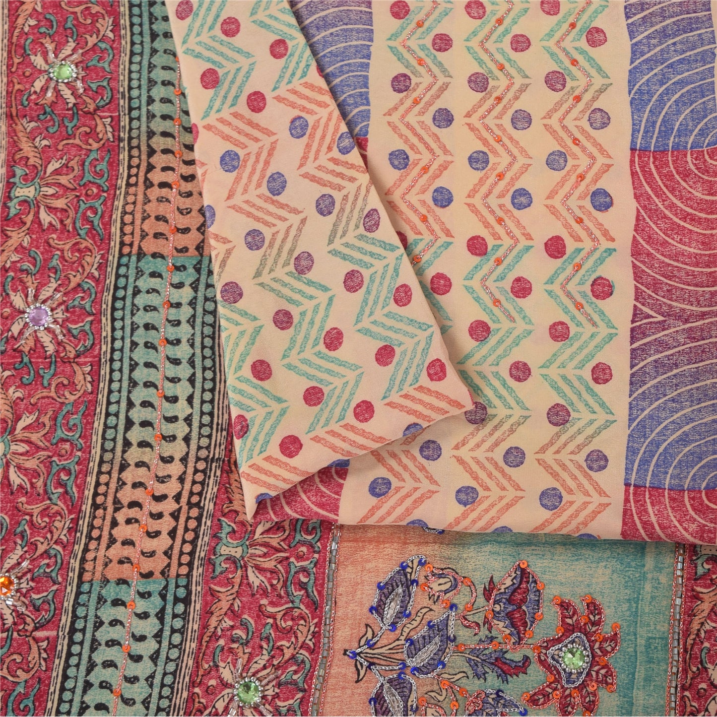 Sanskriti Vintage Sarees Peach 100% Pure Crepe Silk Print Sari 5+yd Craft Sustainable Fabric