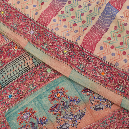 Sanskriti Vintage Sarees Peach 100% Pure Crepe Silk Print Sari 5+yd Craft Sustainable Fabric