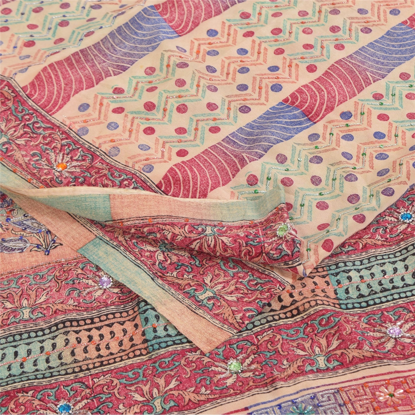 Sanskriti Vintage Sarees Peach 100% Pure Crepe Silk Print Sari 5+yd Craft Sustainable Fabric