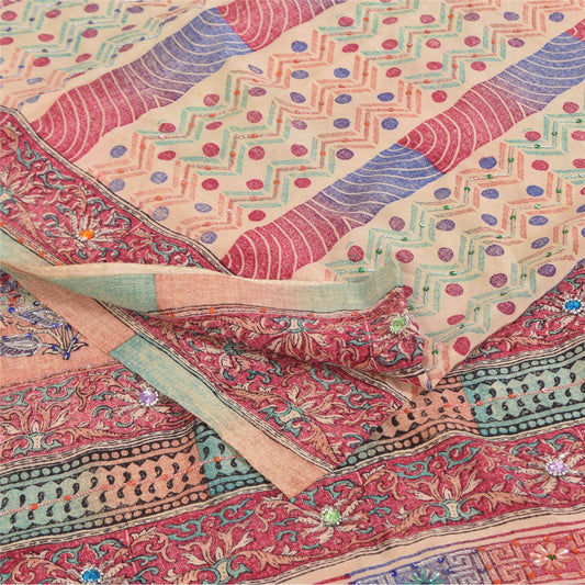 Sanskriti Vintage Sarees Peach 100% Pure Crepe Silk Print Sari 5+yd Craft Sustainable Fabric