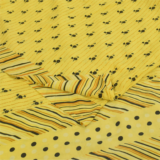 Sanskriti Vintage Sarees Yellow Pure Crepe Silk Printed Sari 5+yd Craft Sustainable Fabric