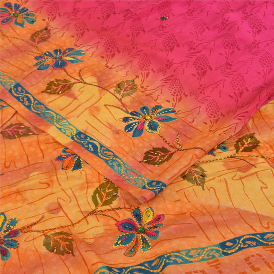 Sanskriti Vintage Sarees Hand Bead Pure Crepe Silk Print Sari 5+yd Craft Sustainable Fabric