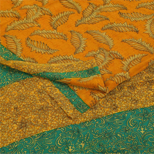 Sanskriti Vintage Sarees Yellow Pure Crepe Silk Printed Sari 5+yd Craft Fabric