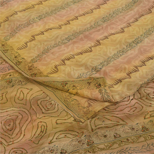 Sanskriti Vintage Sarees Multicolor Pure Crepe Silk Print Sari 5+yd Craft Fabric