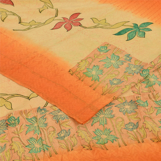 Sanskriti Vintage Sarees Orange Pure Crepe Silk Printed Sari 5+yd Craft Sustainable Fabric