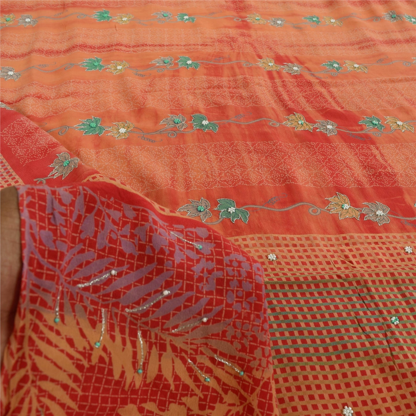 Sanskriti Vintage Sarees Pure Crepe Hand Beaded Tie-Dye Printed Sari 5+yd Sustainable Fabric