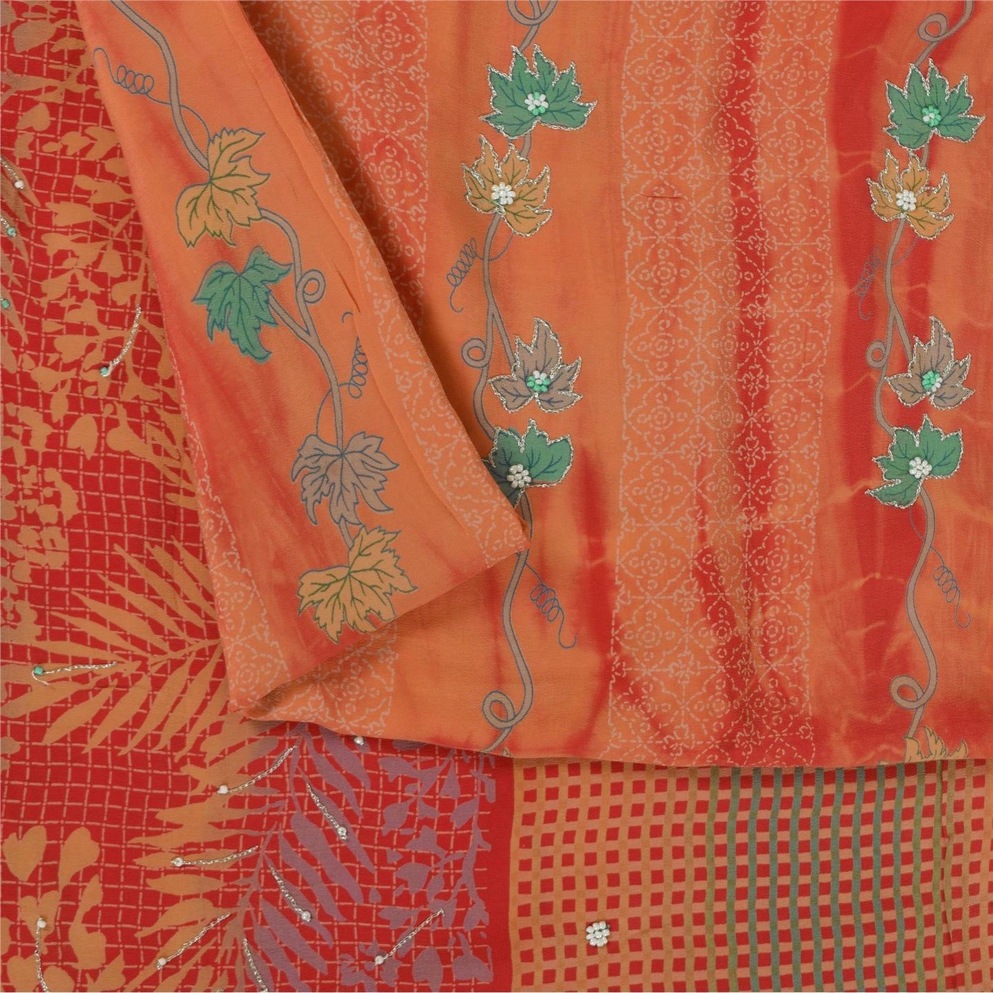 Sanskriti Vintage Sarees Pure Crepe Hand Beaded Tie-Dye Printed Sari 5+yd Sustainable Fabric