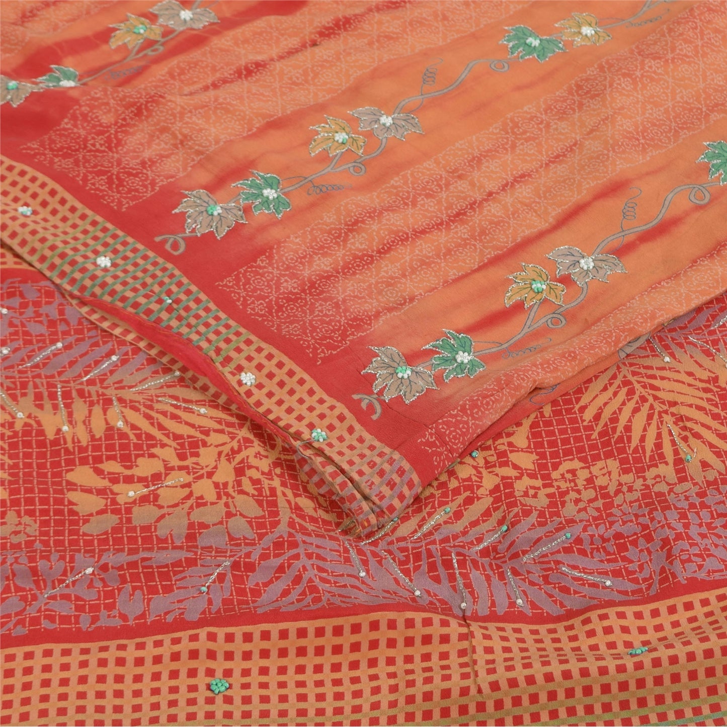 Sanskriti Vintage Sarees Pure Crepe Hand Beaded Tie-Dye Printed Sari 5+yd Sustainable Fabric
