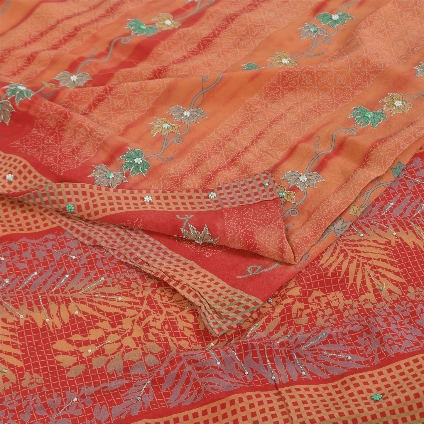 Sanskriti Vintage Sarees Pure Crepe Hand Beaded Tie-Dye Printed Sari 5+yd Sustainable Fabric