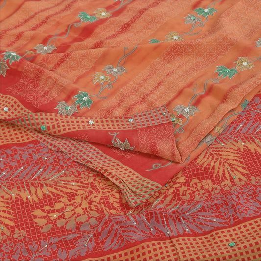 Sanskriti Vintage Sarees Pure Crepe Hand Beaded Tie-Dye Printed Sari 5+yd Sustainable Fabric