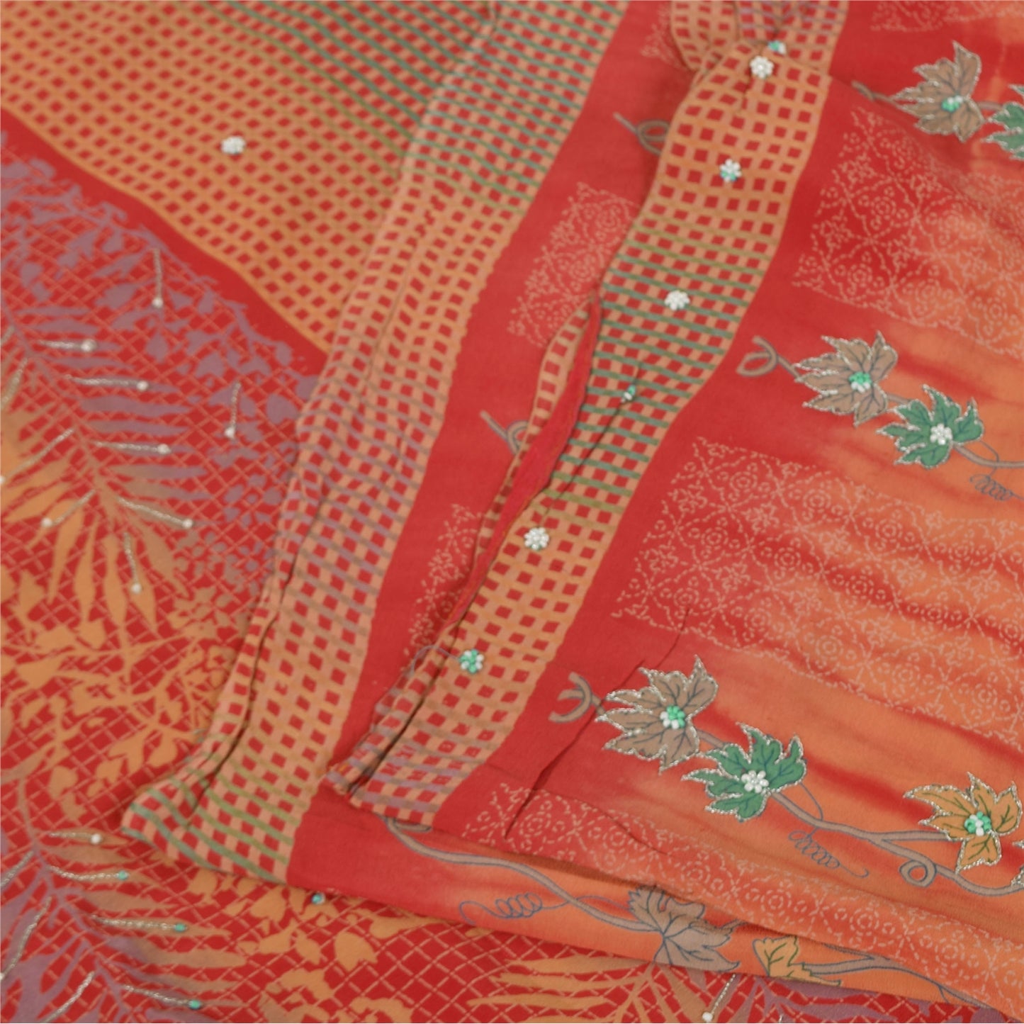 Sanskriti Vintage Sarees Pure Crepe Hand Beaded Tie-Dye Printed Sari 5+yd Sustainable Fabric