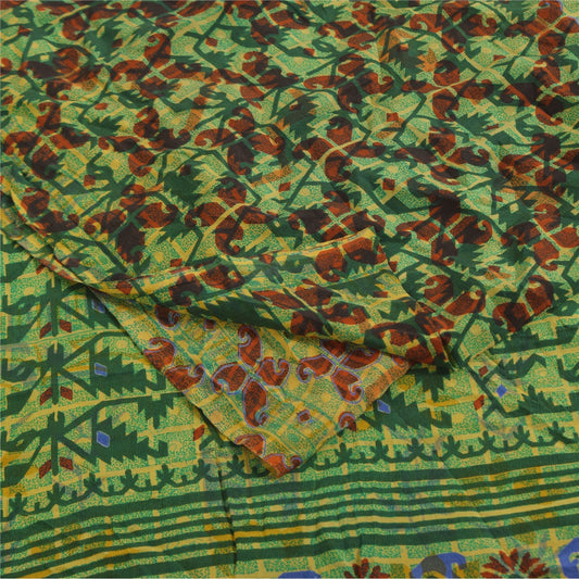 Sanskriti Vintage Sarees Green Jamdani Printed Pure Crepe Sari 5+yd Craft Sustainable Fabric