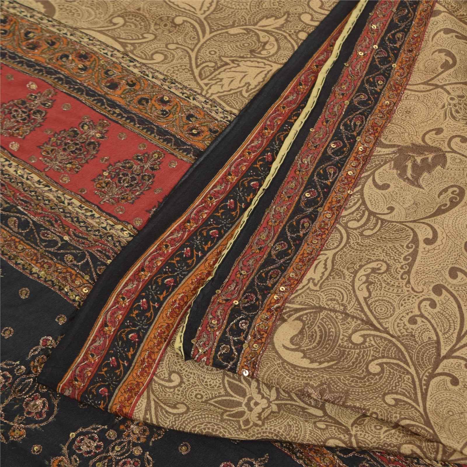 Sanskriti Vintage Sarees Brown Hand Beaded Pure Crepe Printed Sari 5+yd Fabric