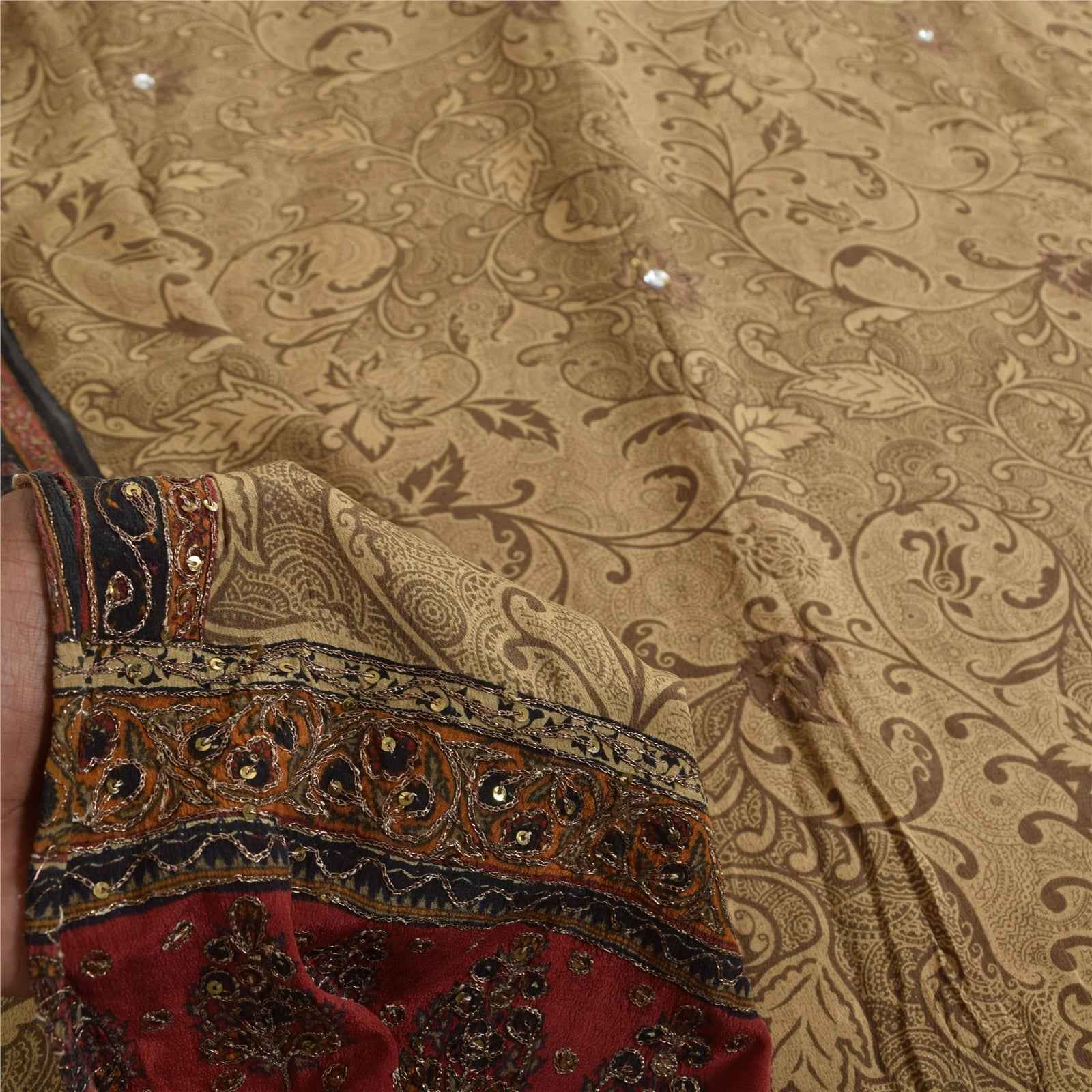 Sanskriti Vintage Sarees Brown Hand Beaded Pure Crepe Printed Sari 5+yd Fabric