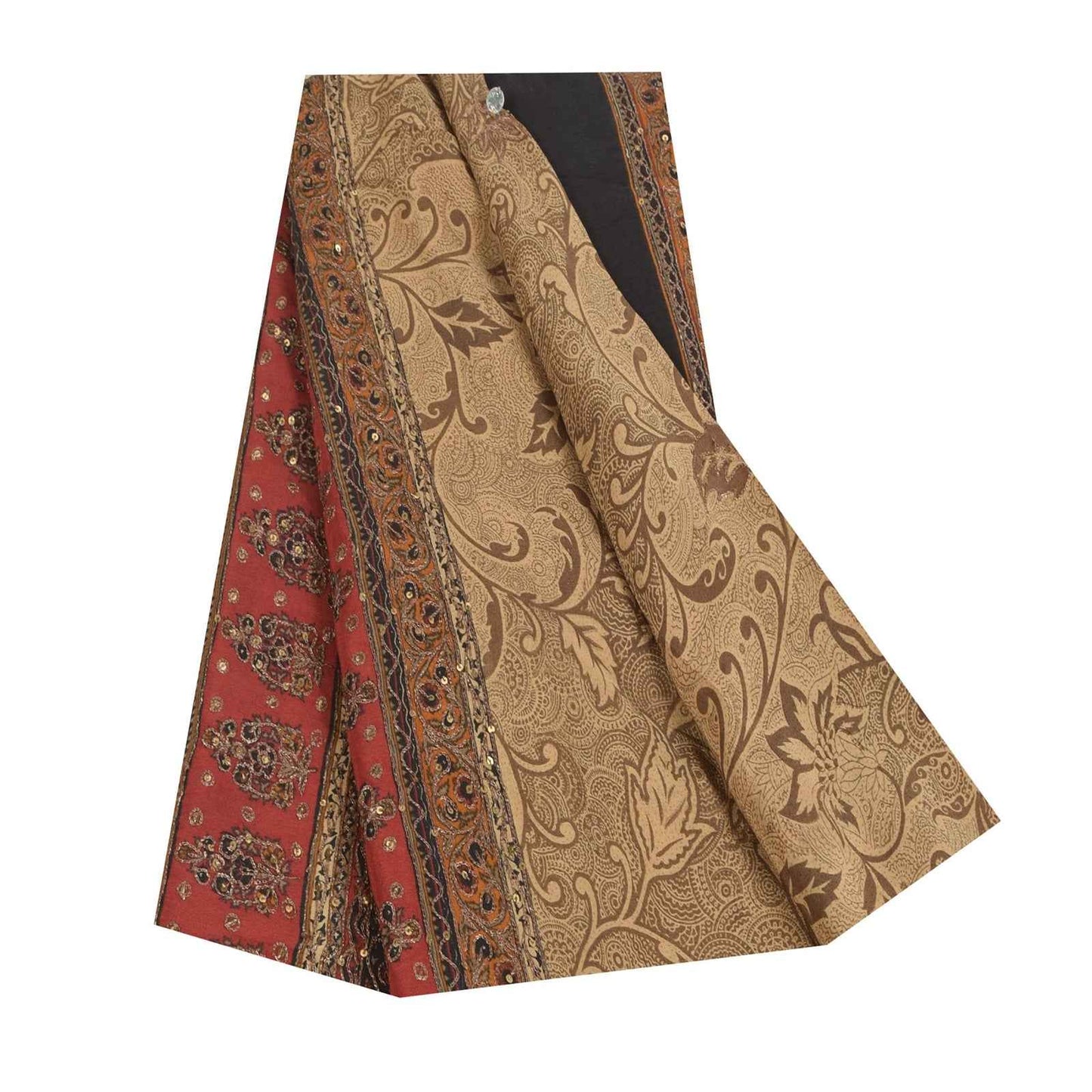 Sanskriti Vintage Sarees Brown Hand Beaded Pure Crepe Printed Sari 5+yd Fabric