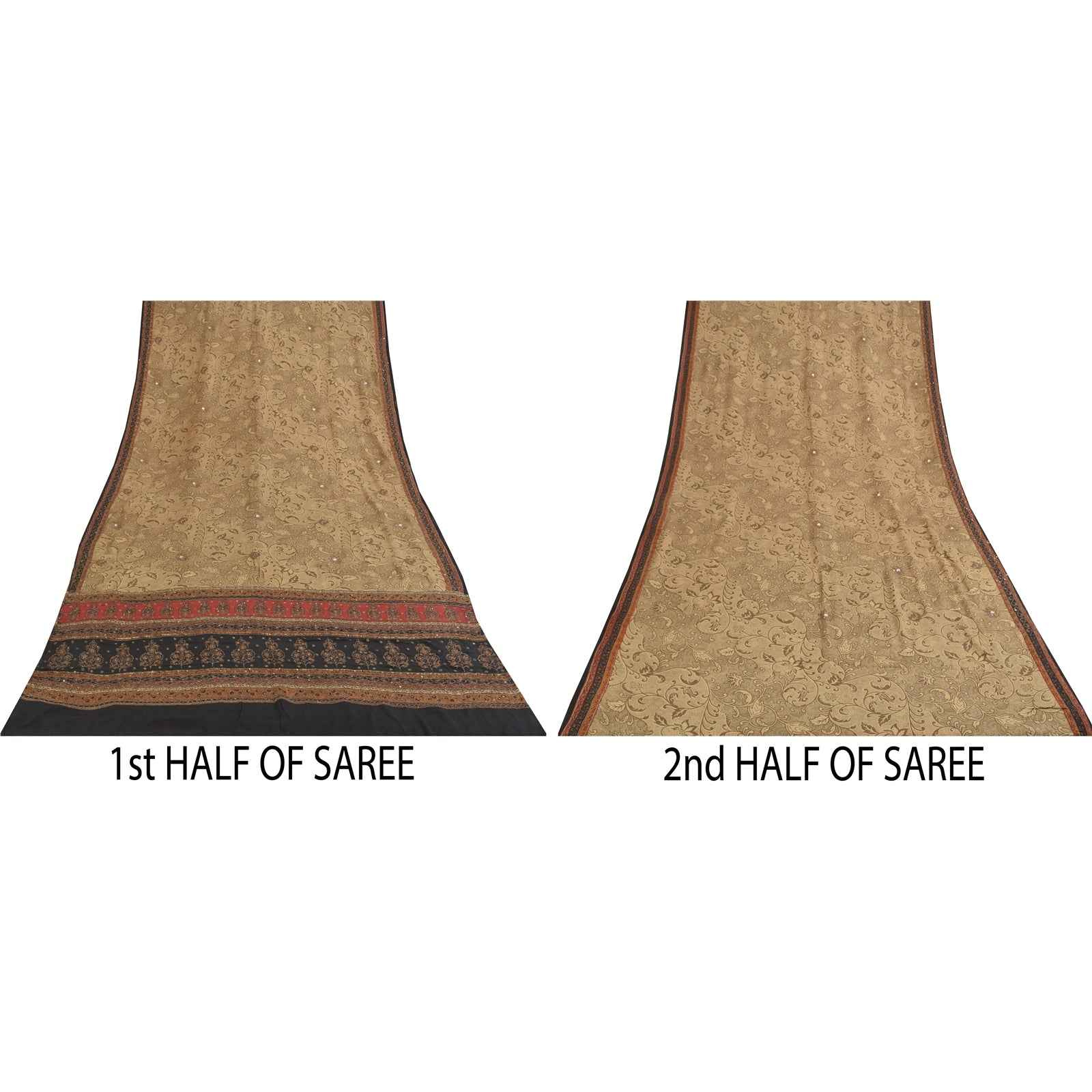 Sanskriti Vintage Sarees Brown Hand Beaded Pure Crepe Printed Sari 5+yd Fabric