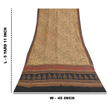 Sanskriti Vintage Sarees Brown Hand Beaded Pure Crepe Printed Sari 5+yd Fabric