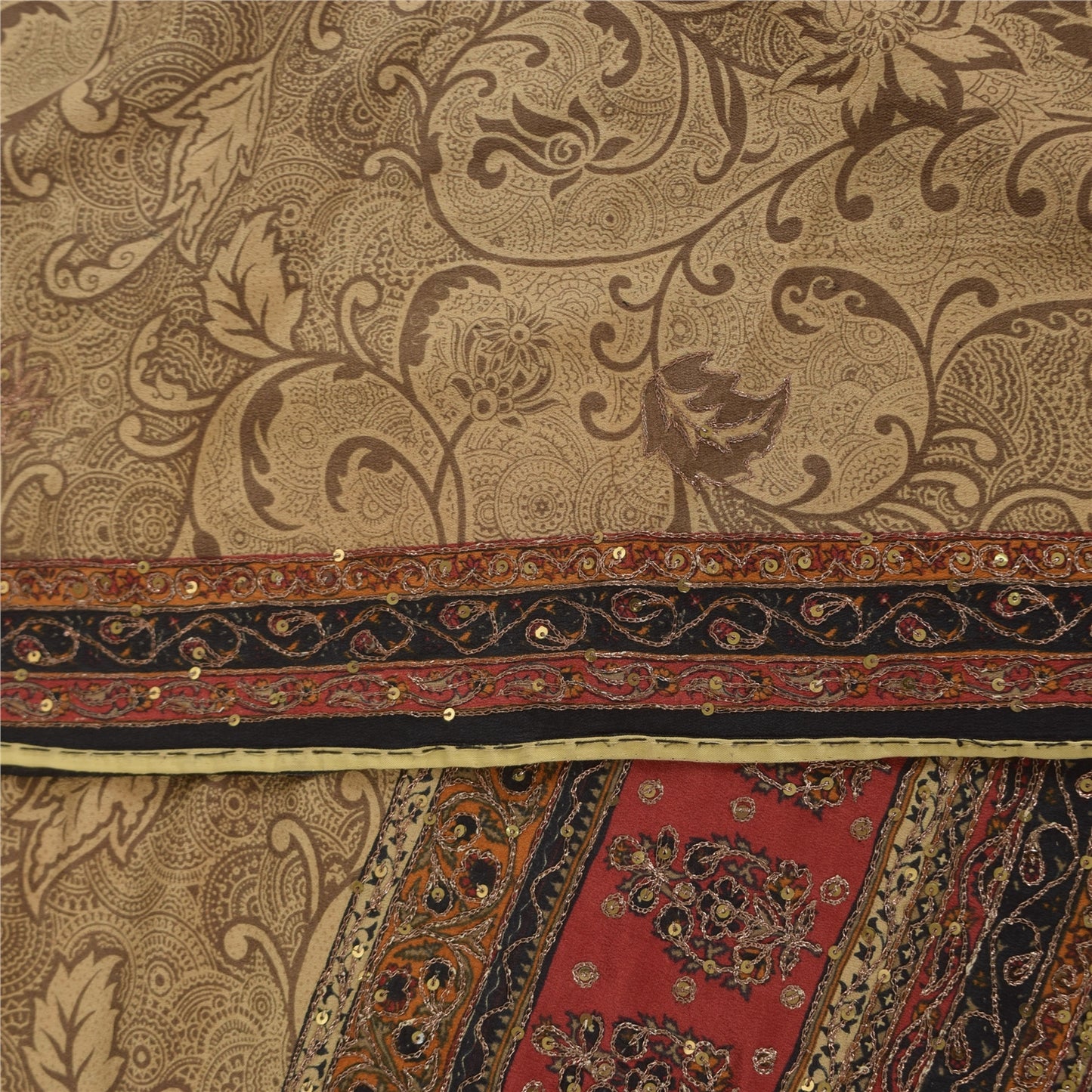 Сари на Санскрити, винтажное коричневое сари с ручным бисером, чистый креп, напечатанный вручную, 5+ ярдов, устойчивая ткань