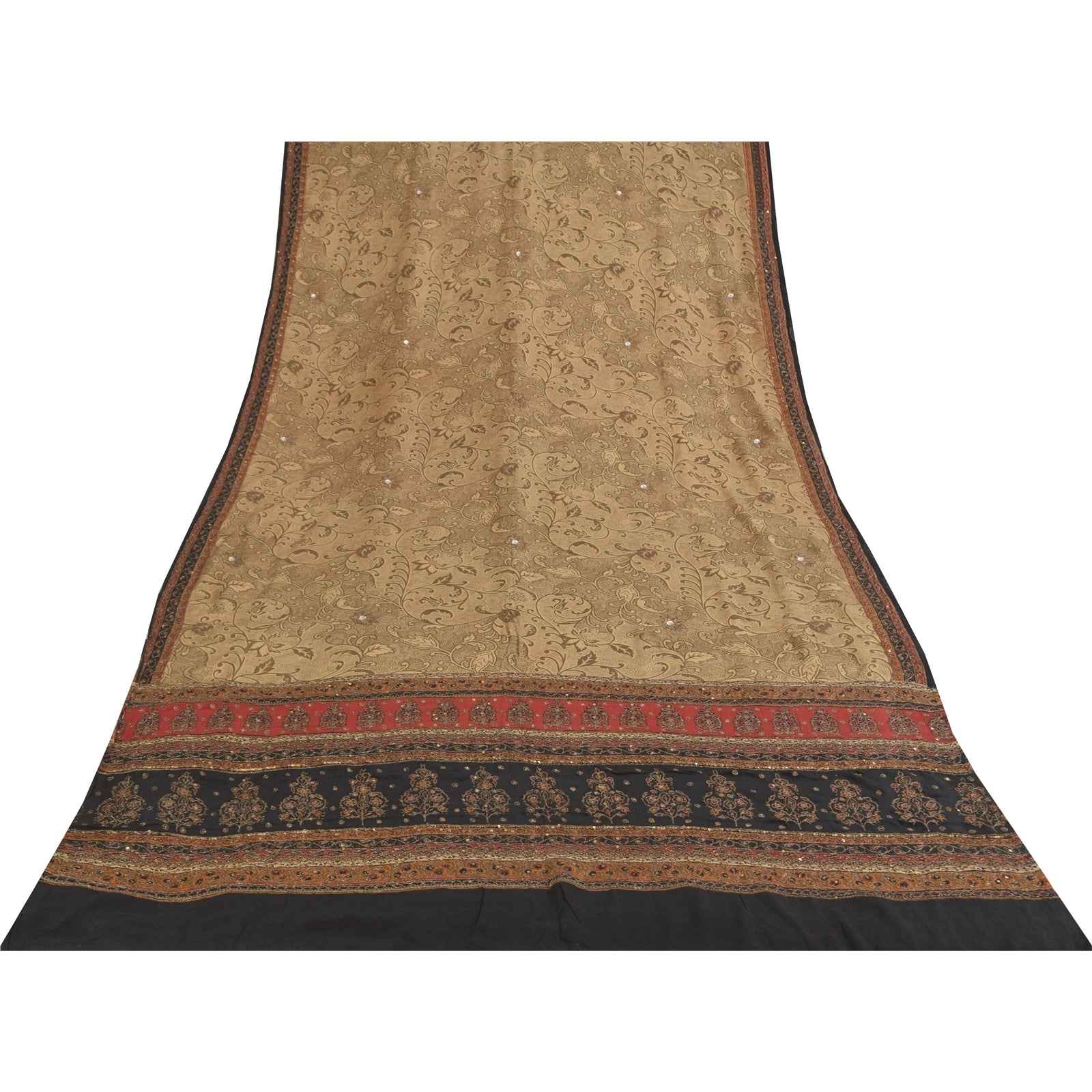 Sanskriti Vintage Sarees Brown Hand Beaded Pure Crepe Printed Sari 5+yd Fabric