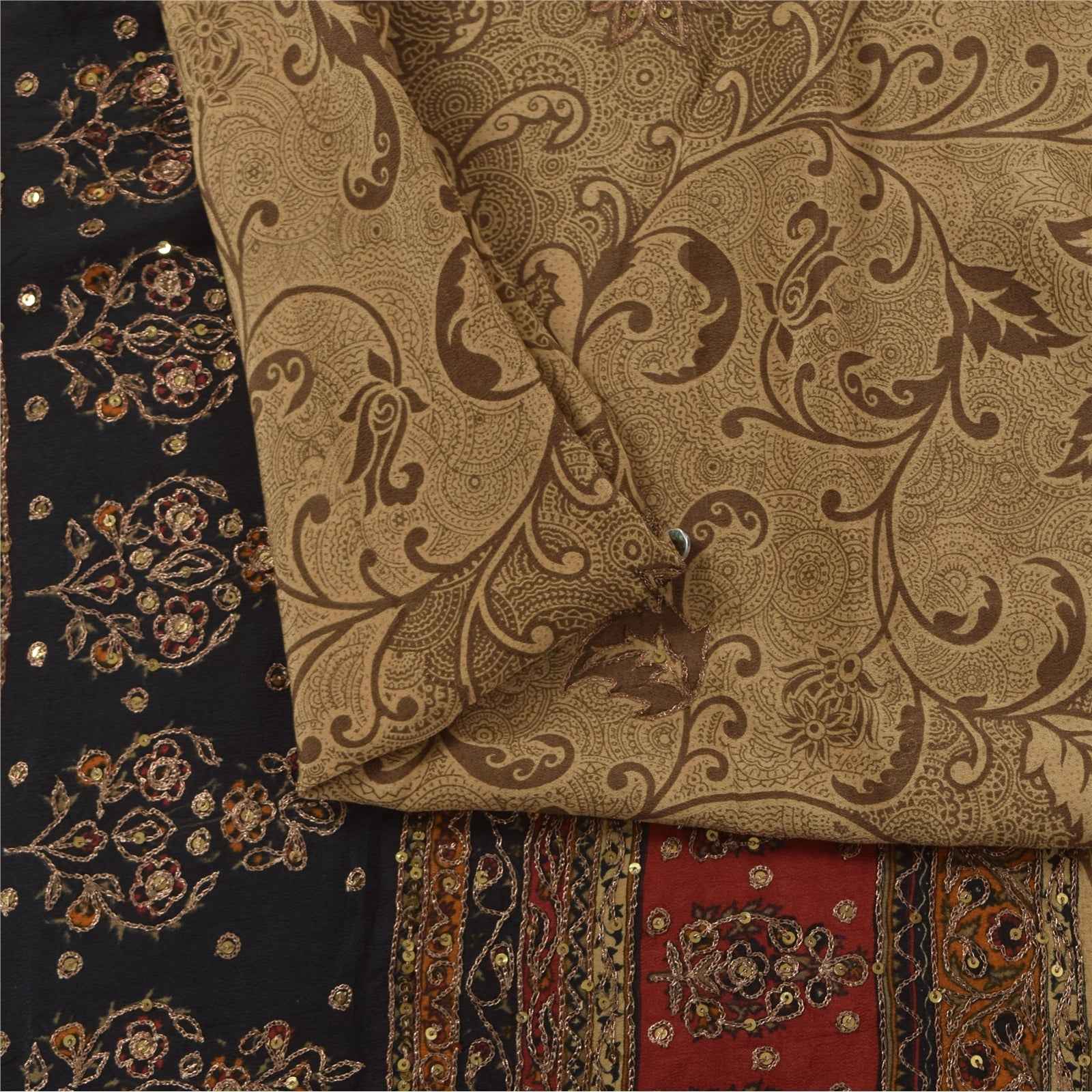 Sanskriti Vintage Sarees Brown Hand Beaded Pure Crepe Printed Sari 5+yd Fabric