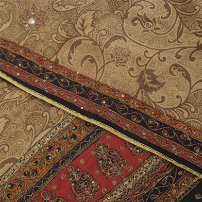 Sanskriti Vintage Sarees Brown Hand Beaded Pure Crepe Printed Sari 5+yd Fabric