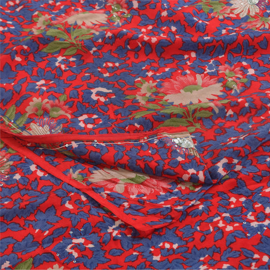 Sanskriti Vintage Sarees Red 100% Pure Crepe Silk Printed Sari 5+yd Craft Sustainable Fabric