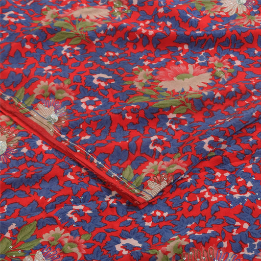 Sanskriti Vintage Sarees Red 100% Pure Crepe Silk Printed Sari 5+yd Craft Sustainable Fabric