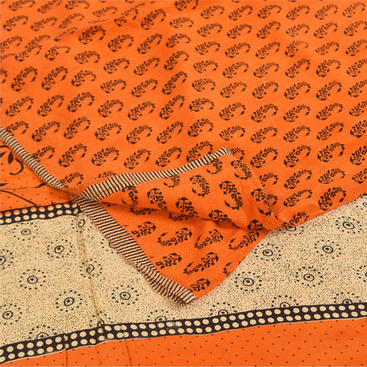 Sanskriti Vintage Sarees Orange Pure Crepe Silk Printed Sari 5+yd Craft Sustainable Fabric