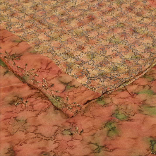 Sanskriti Vintage Sarees Hand Beaded Pure Crepe Printed Sari 5+yd Craft Sustainable Fabric