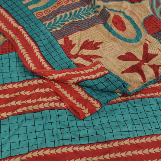 Sanskriti Vintage Sarees Multicolor Pure Crepe Silk Print Sari 5+yd Craft Sustainable Fabric