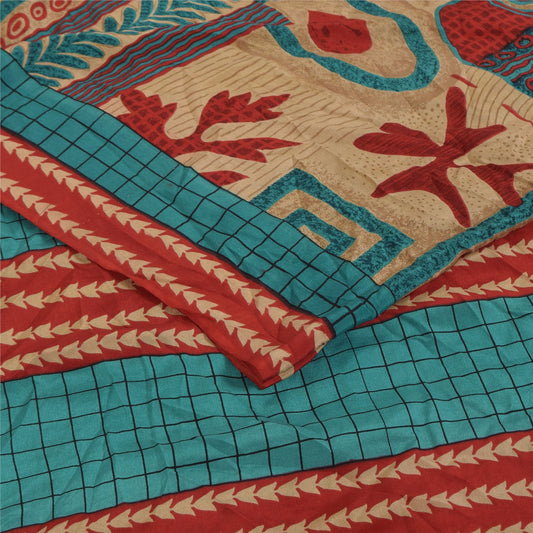 Sanskriti Vintage Sarees Multicolor Pure Crepe Silk Print Sari 5+yd Craft Sustainable Fabric