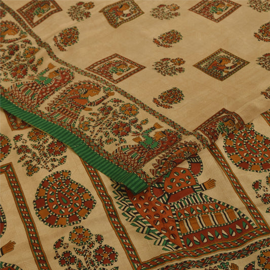 Sanskriti Vintage Sarees Cream Pure Crepe Silk Women Printed Sari 5+yd Sustainable Fabric