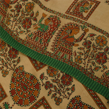 Sanskriti Vintage Sarees Cream Pure Crepe Silk Women Printed Sari 5+yd Sustainable Fabric