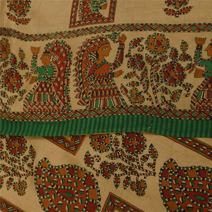 Sanskriti Vintage Sarees Cream Pure Crepe Silk Women Printed Sari 5+yd Sustainable Fabric