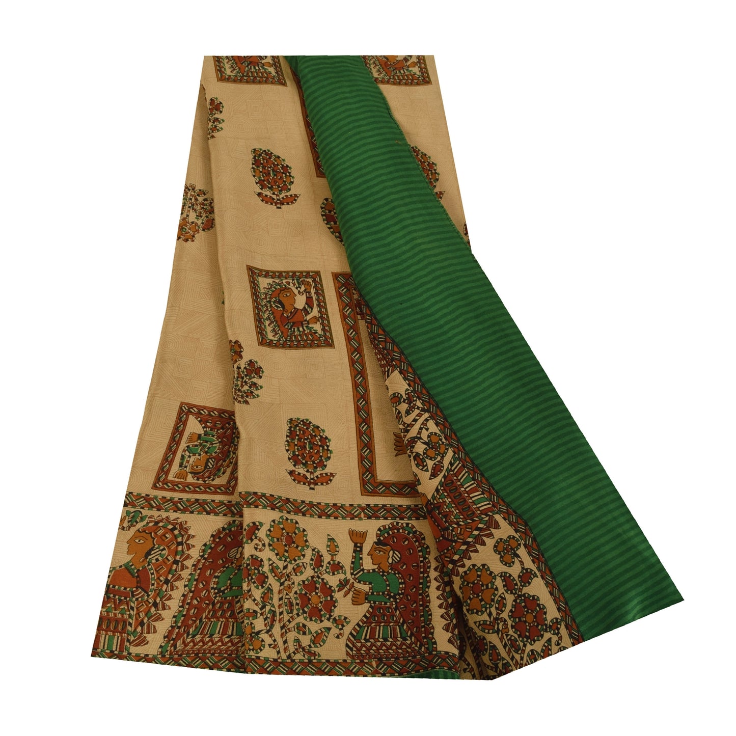 Sanskriti Vintage Sarees Cream Pure Crepe Silk Women Printed Sari 5+yd Sustainable Fabric