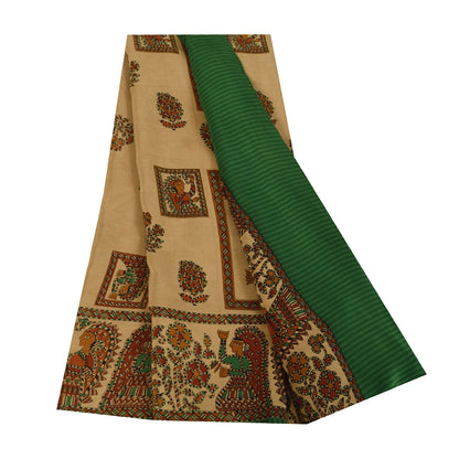 Sanskriti Vintage Sarees Cream Pure Crepe Silk Women Printed Sari 5+yd Sustainable Fabric