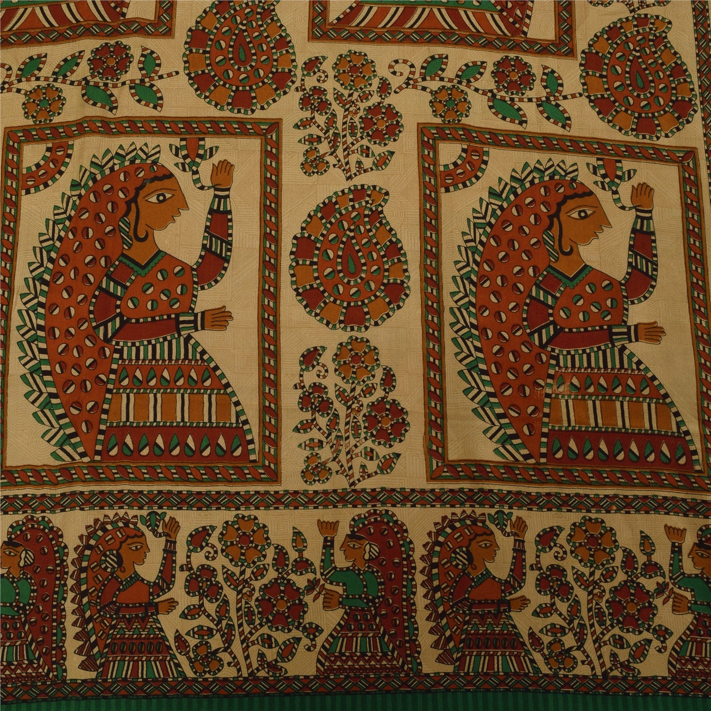 Sanskriti Vintage Sarees Cream Pure Crepe Silk Women Printed Sari 5+yd Sustainable Fabric