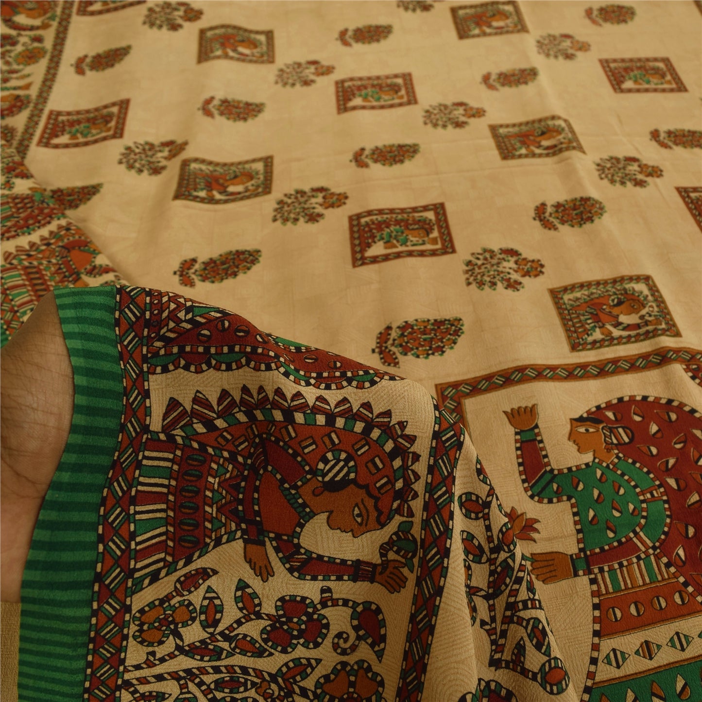 Sanskriti Vintage Sarees Cream Pure Crepe Silk Women Printed Sari 5+yd Sustainable Fabric