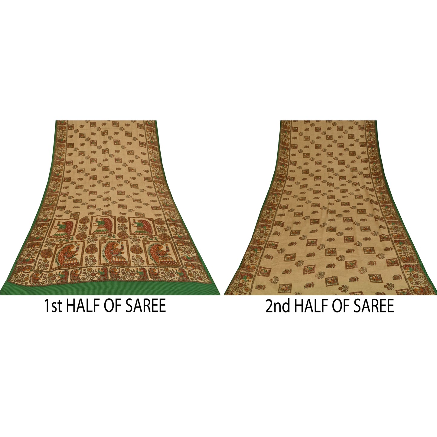 Sanskriti Vintage Sarees Cream Pure Crepe Silk Women Printed Sari 5+yd Sustainable Fabric