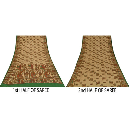 Sanskriti Vintage Sarees Cream Pure Crepe Silk Women Printed Sari 5+yd Sustainable Fabric