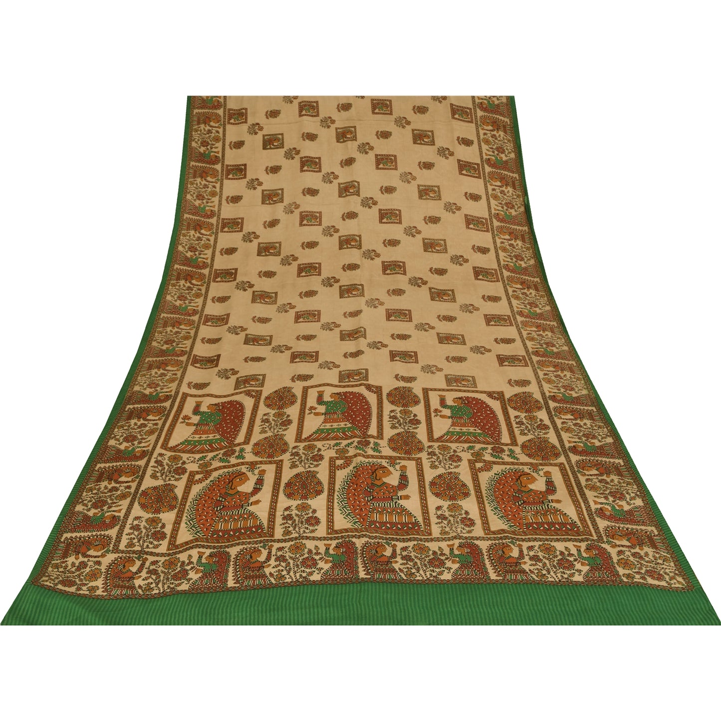 Sanskriti Vintage Sarees Cream Pure Crepe Silk Women Printed Sari 5+yd Sustainable Fabric