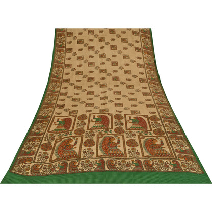 Sanskriti Vintage Sarees Cream Pure Crepe Silk Women Printed Sari 5+yd Sustainable Fabric