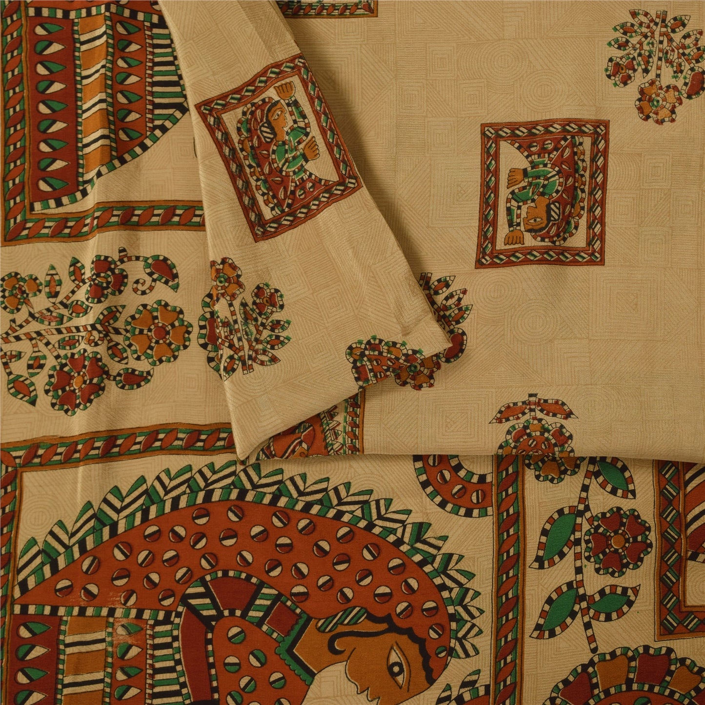 Sanskriti Vintage Sarees Cream Pure Crepe Silk Women Printed Sari 5+yd Sustainable Fabric