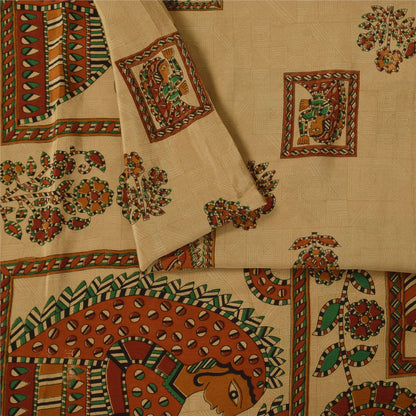 Sanskriti Vintage Sarees Cream Pure Crepe Silk Women Printed Sari 5+yd Sustainable Fabric