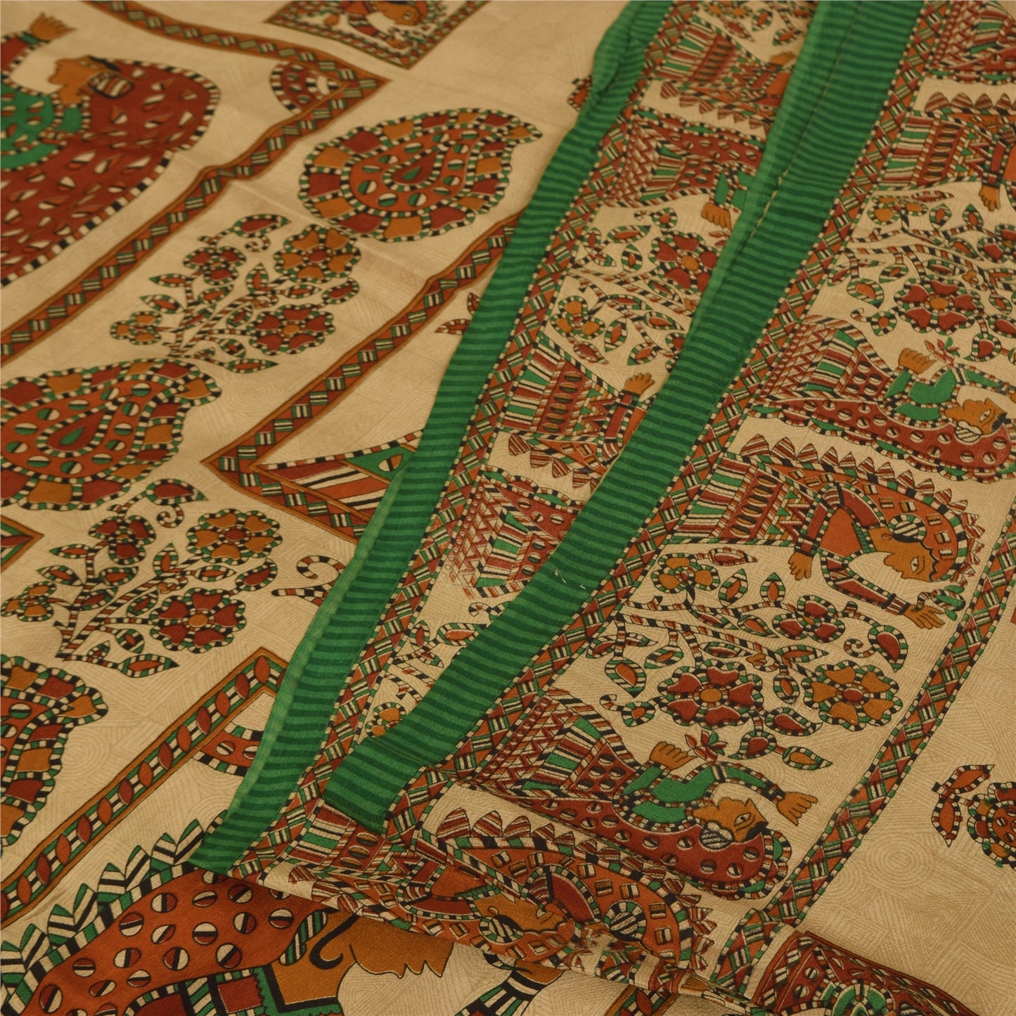 Sanskriti Vintage Sarees Cream Pure Crepe Silk Women Printed Sari 5+yd Sustainable Fabric