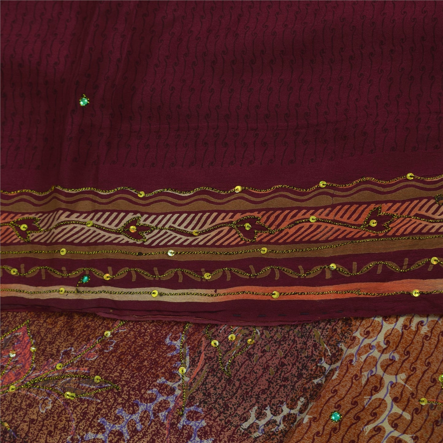 Sanskriti Vintage Sarees Purple Hand Beaded Pure Crepe Printed Sari 5+yd Sustainable Fabric